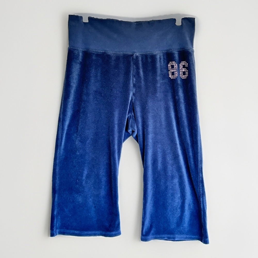 Victorias Secret Blue Velour Folding Waistband Cropped Yoga Pants Y2K Bling PINK